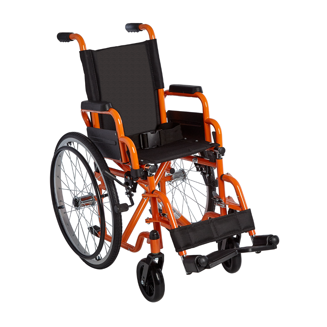 The Circle Specialty ZIGGO Pediatric Wheelchair is a lightweight orange and black chair with large rear wheels, small front wheels, armrests, footrests, and a seatbelt, shown on a white background.